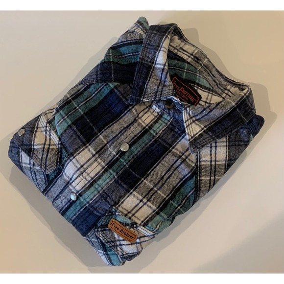 Five Brother Blue Teal Plaid Western Heavy Flannel Pearl Snap Shirt 2XL Tall - Picture 1 of 11